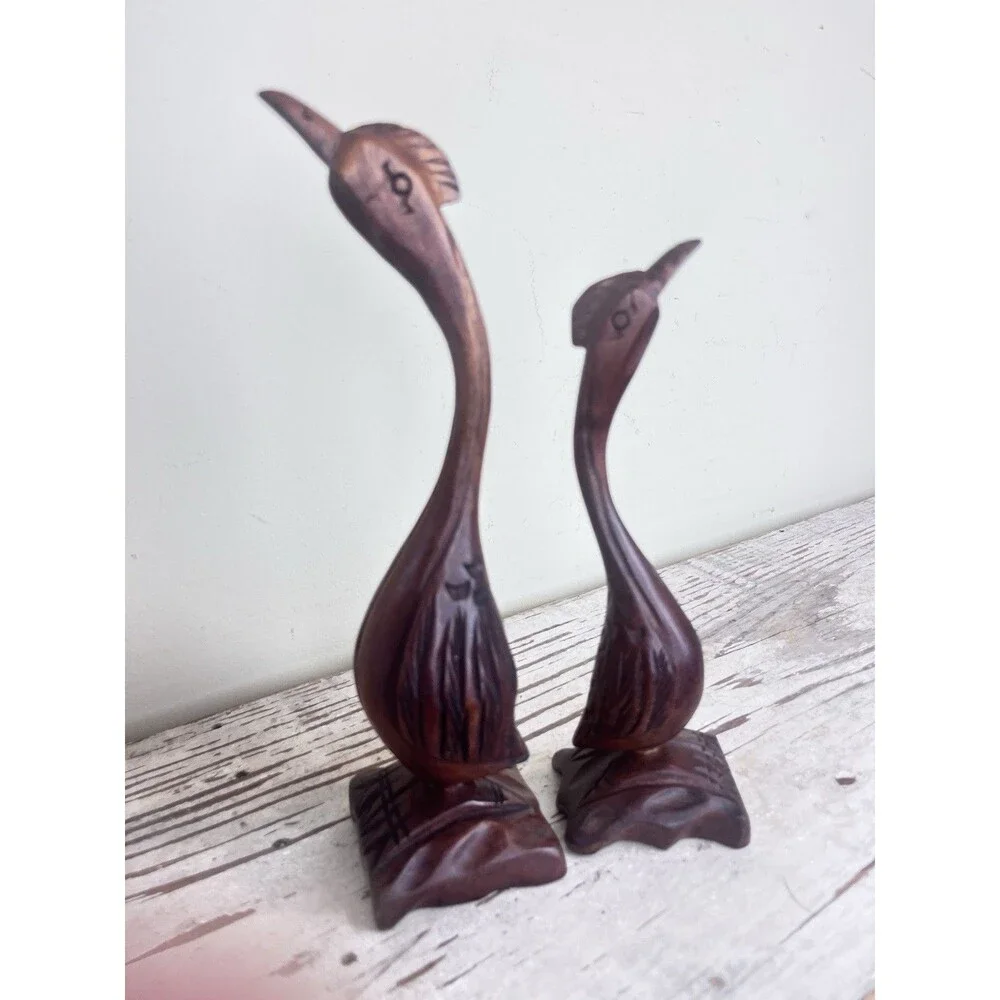 Vintage Mid Century Hand Carved Wooden Long Neck Cranes Set / Country Home Decor